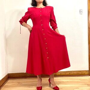 Vintage 80s Red Sleeved Long Dress with Shoulder Pads